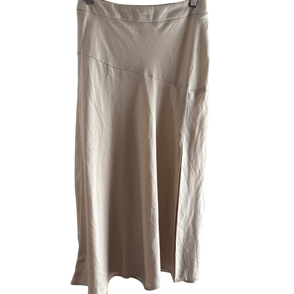 Champagne Satin Midi Skirt High Waisted A-Line Side Zip Diagonal Seam Detail